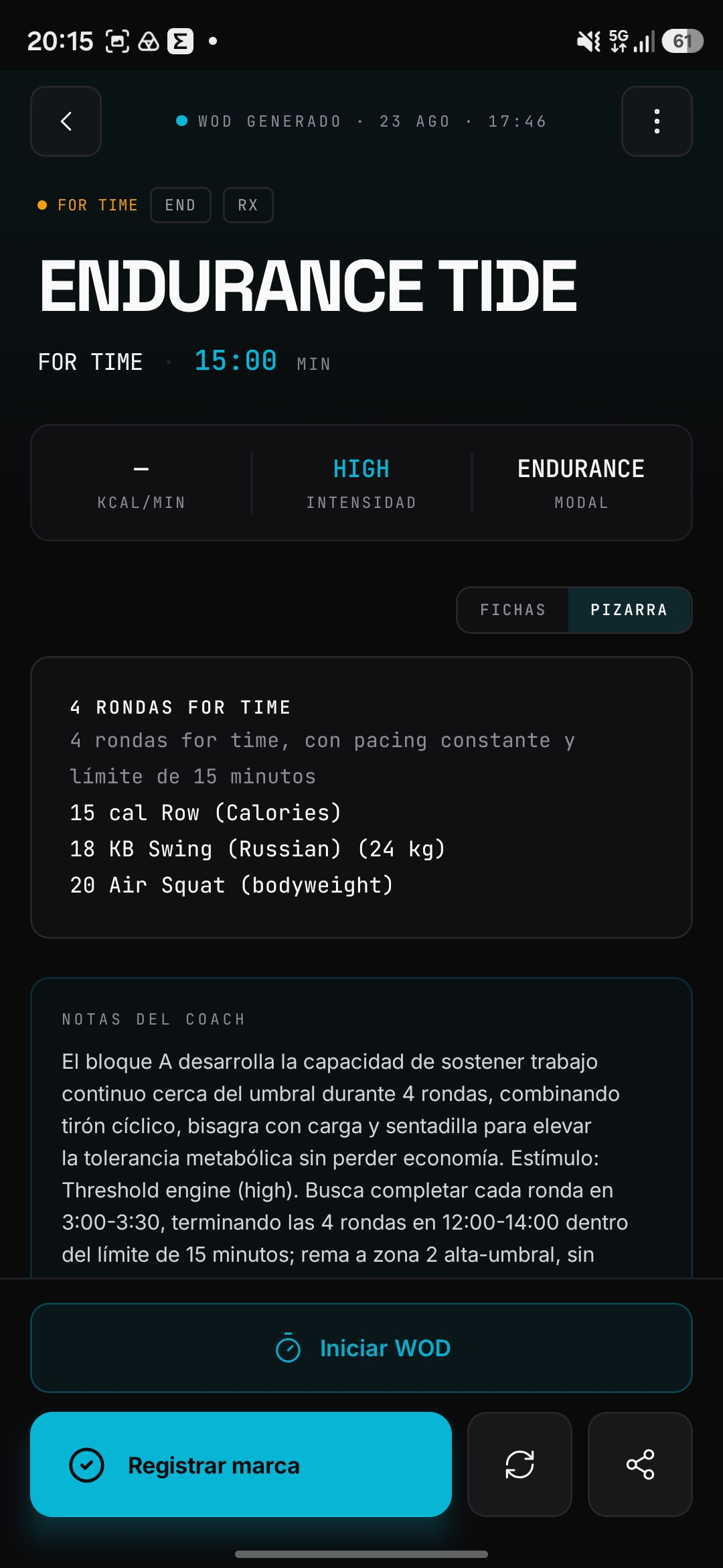 WOD generado — pizarra con movimientos, cargas y notas del coach
